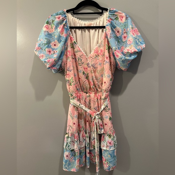 Love Colette Tiered Ruffle Hem Tie Waist Floral Lace Hem Dress Size S Pink Blue - Picture 3 of 8